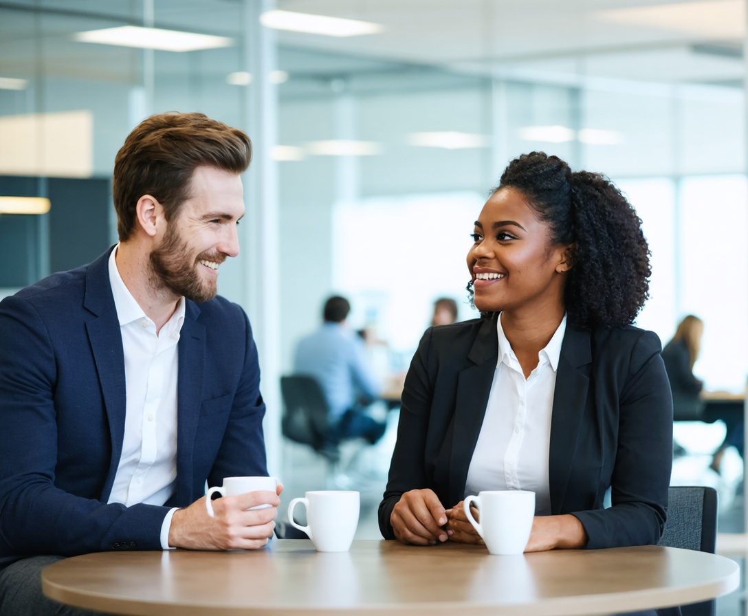 Zwei Fachkräfte in einem professionellen Beratungsgespräch bei der AI Growth Coach Academy