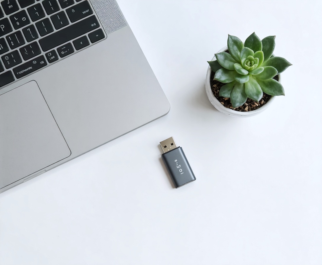 Minimalistischer Schreibtisch mit verschlüsseltem USB-Stick und kleiner grüner Pflanze