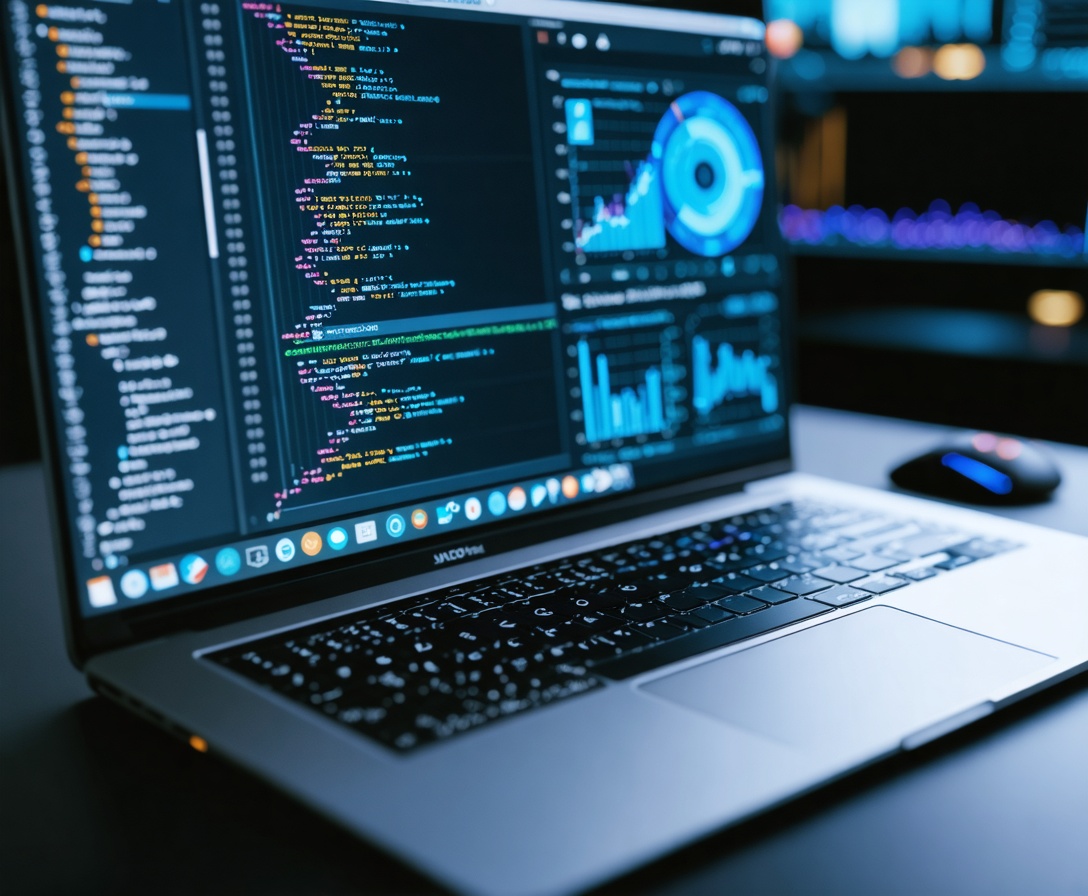 Laptop zeigt komplexen Code und KI-Visualisierungen