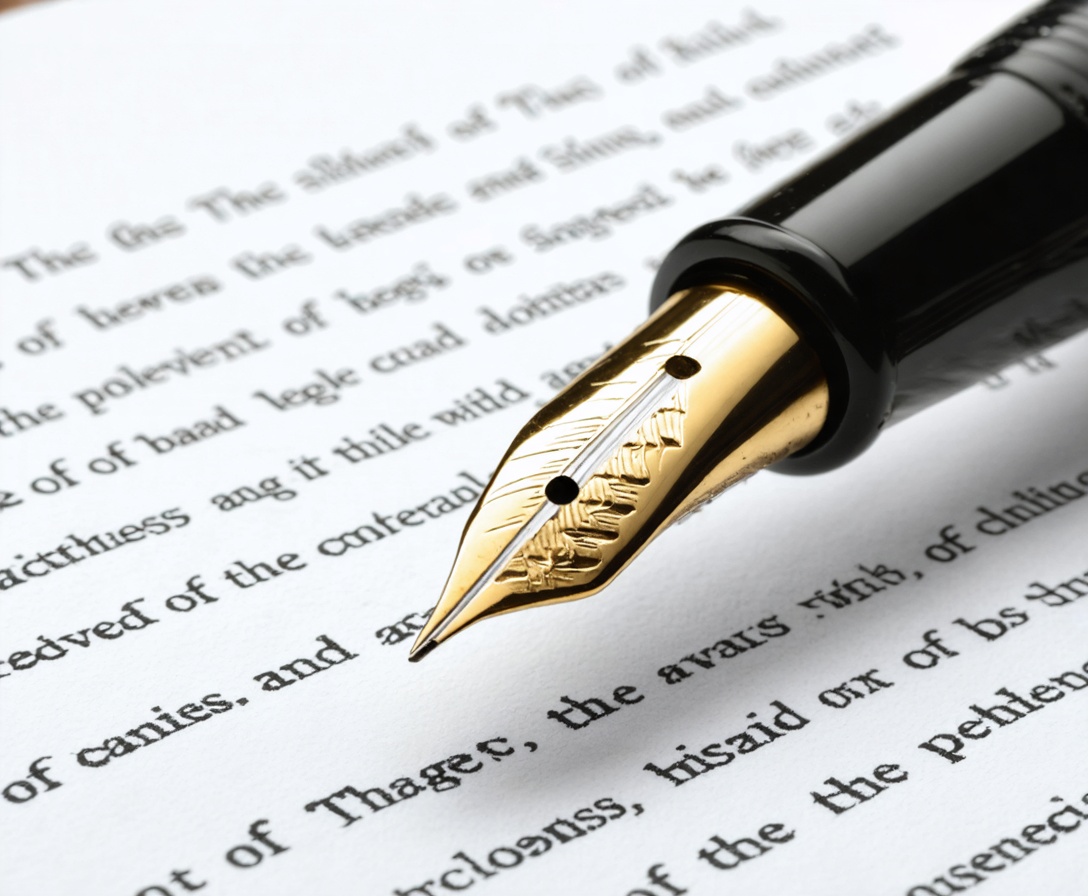 Füllfederhalter auf einem unterzeichneten Rechtsvertrag, scharfer Fokus auf die Unterschriftszeile