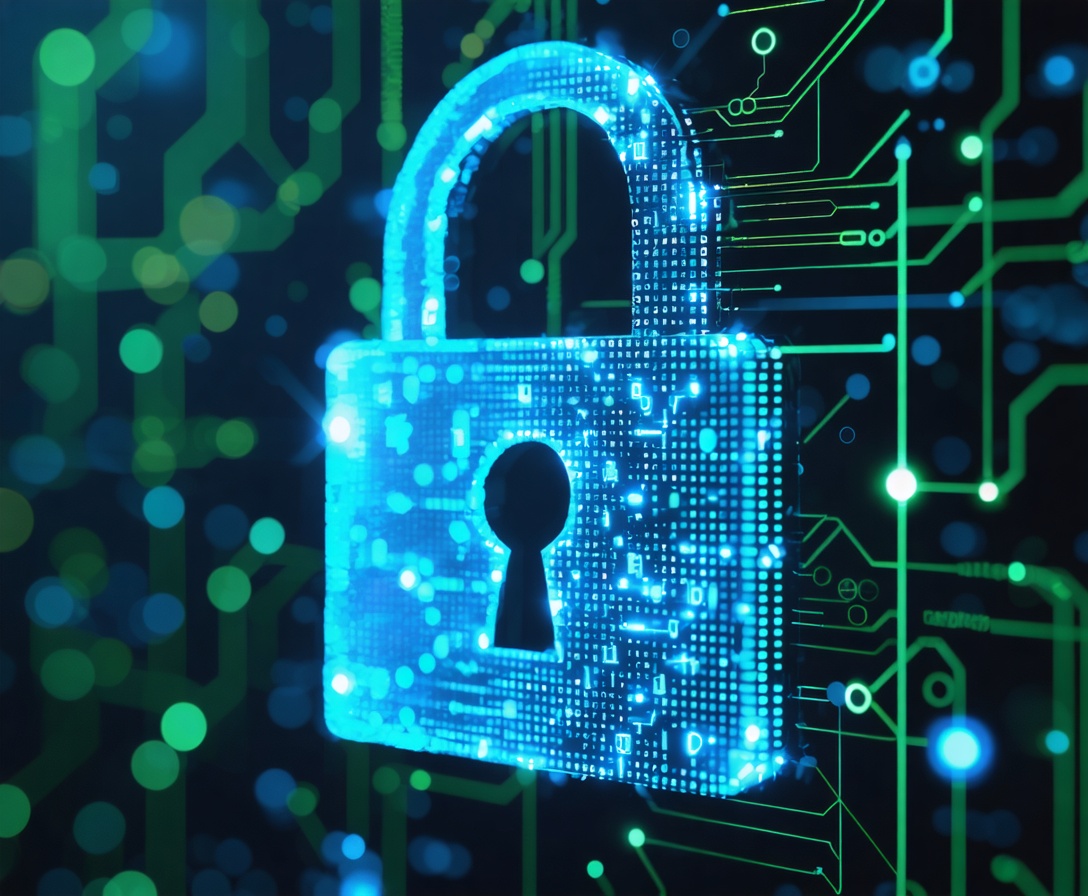 Abstrakte Darstellung digitaler Sicherheit mit leuchtenden blauen und grünen Elementen